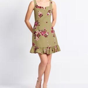 Lula V-Neck Ruffle Hem Dress Floral print Olive Green Dress